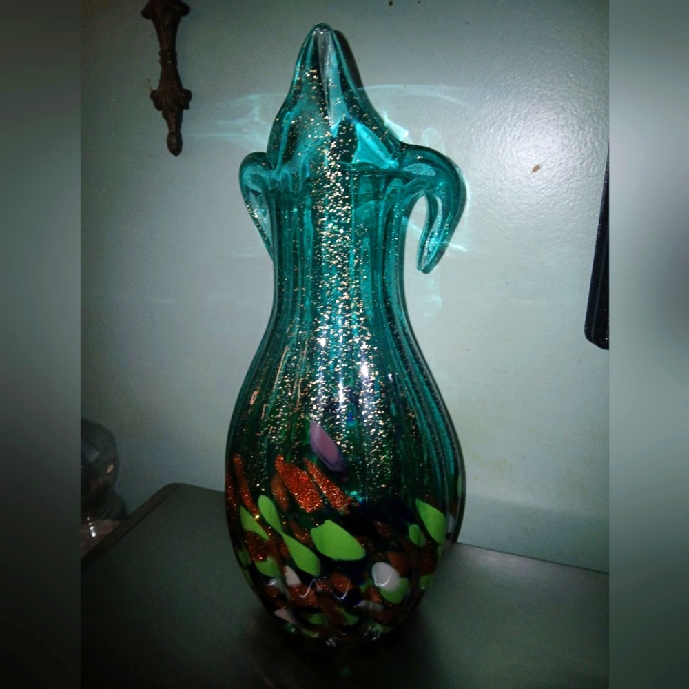 Jozefina Art Glass Handblown Turquoise Vase Tall Heavy Infused Multicolor Poland